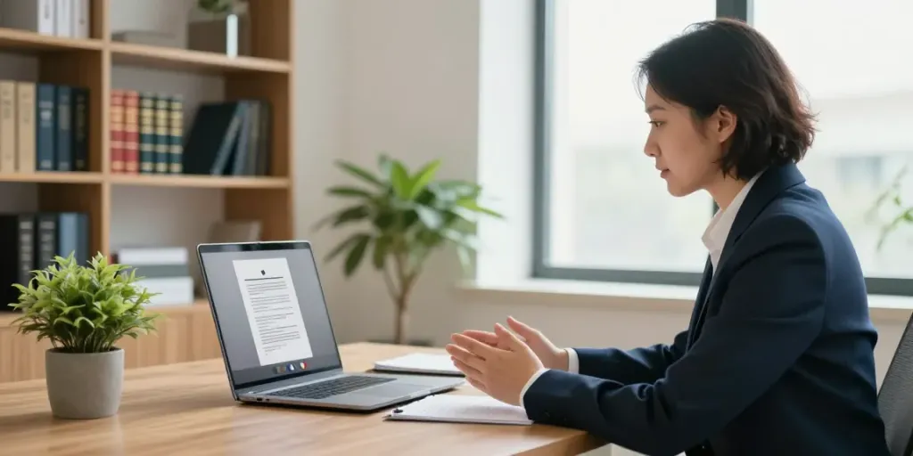 Maître Clara Anidjar providing legal advice to landlords through a video call at her office, showcasing Mon Avocat Bailleur services.