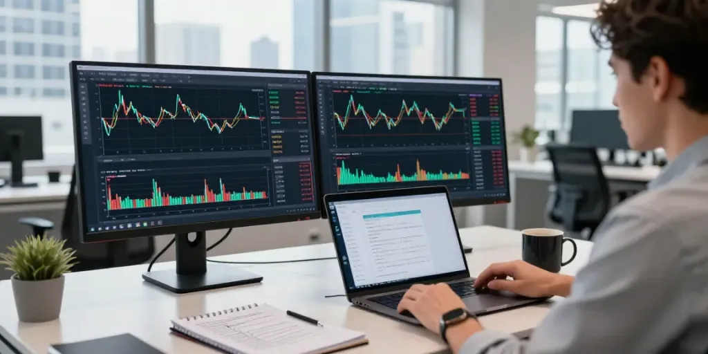 Analyse des tendances de marché sur la plateforme la-couponeau.com, trader dans un bureau lumineux.