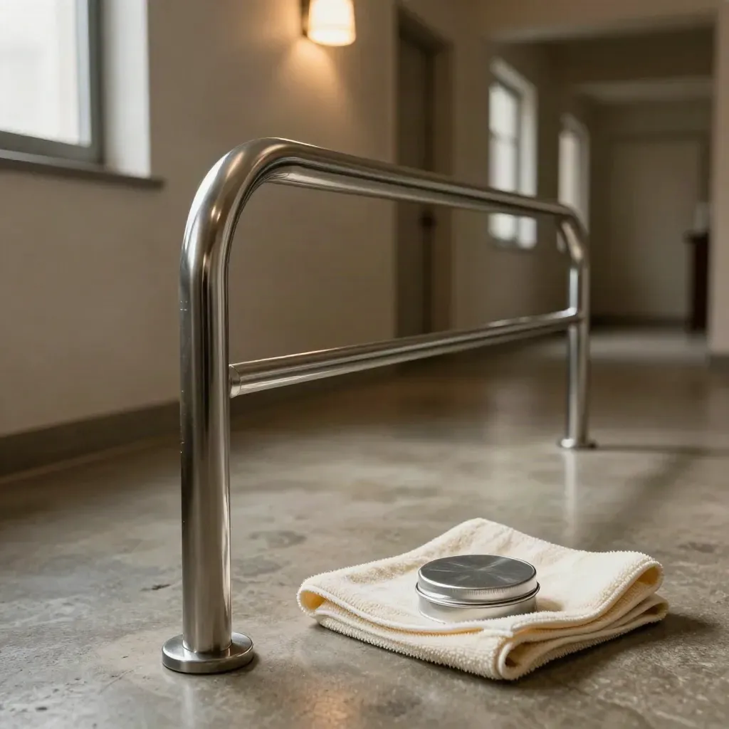 Garde-corps inox poli dans un couloir, avec chiffon microfibre et reflets nets.