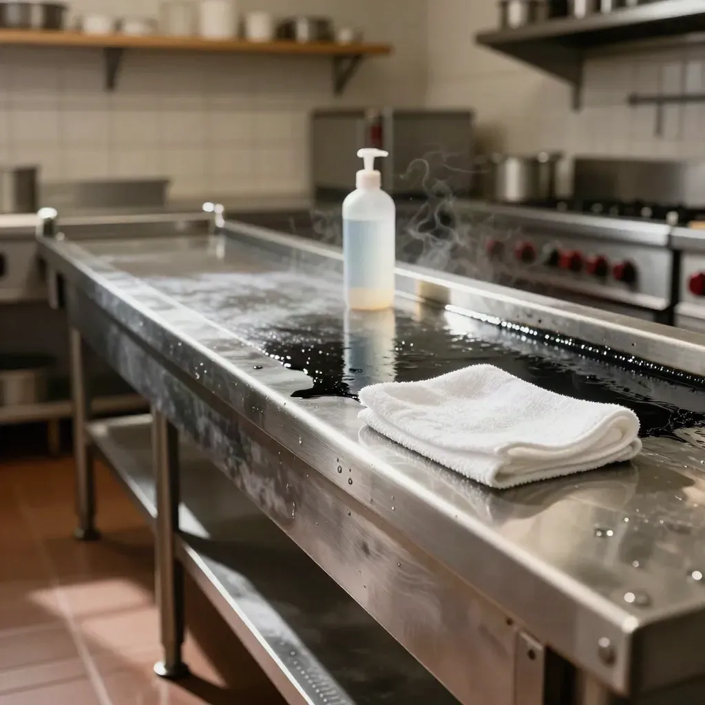 Plan inox de cuisine pro, moitié gras moitié poli, avec vapeur et chiffon blanc.