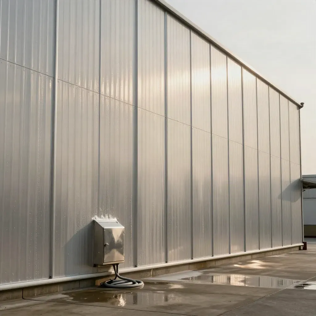 Façade d’entrepôt en métal lavée, coulures effacées sous une lumière dramatique.