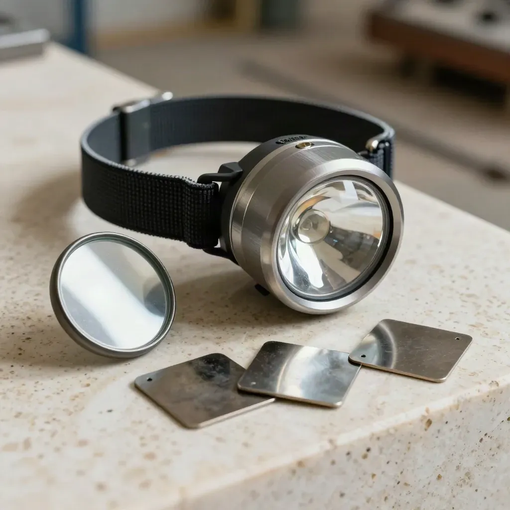 Gros plan d’une lampe frontale, d’un miroir d’angle et de deux coupons d’acier terni et poli.