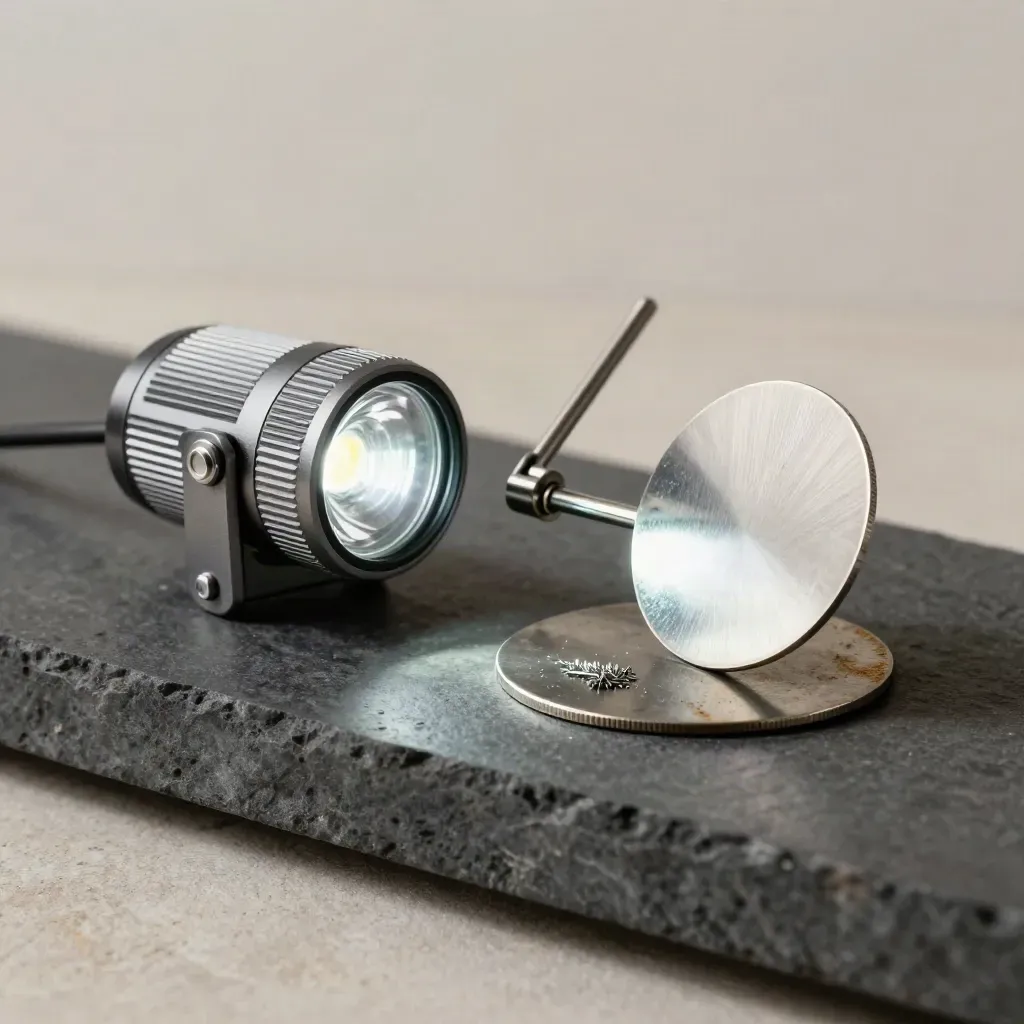 Lampe d’inspection, miroir d’angle et disque magnétique sur étagère en pierre sombre.