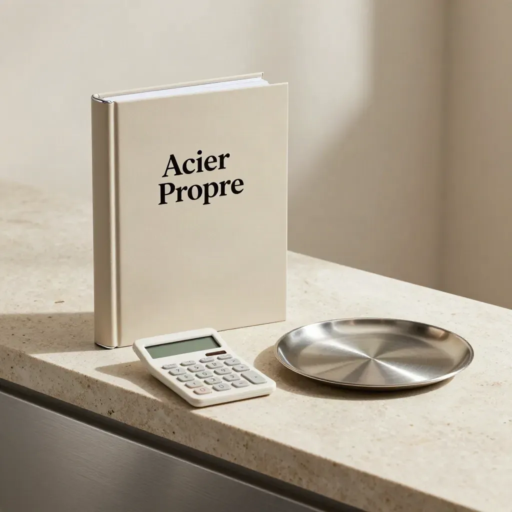 Classeur rigide, calculatrice éteinte et inox poli sur pierre claire, lumière douce.