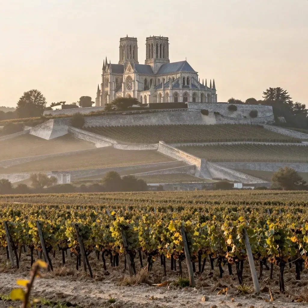 Coteaux de Reims dans la brume, cathédrale au-dessus des vignes.