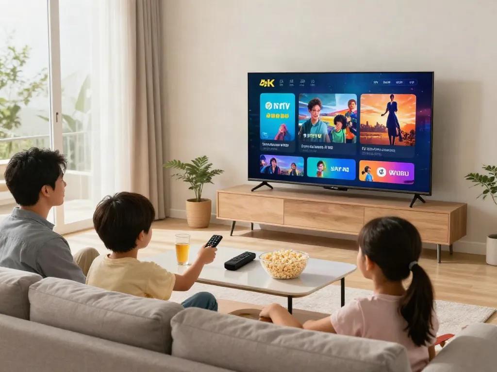 Abonnement IPTV France sur un Smart TV dans un salon moderne, famille regardant des contenus en 4K.
