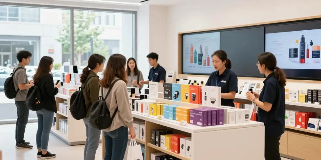 Engaging shopping experience with diverse products and customers exploring new Produits in a vibrant retail space.