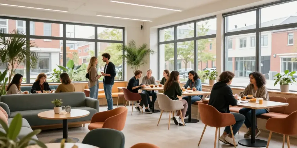 Coliving Lille : espace de vie partagé moderne, avec des résidents interagissant et un design convivial.